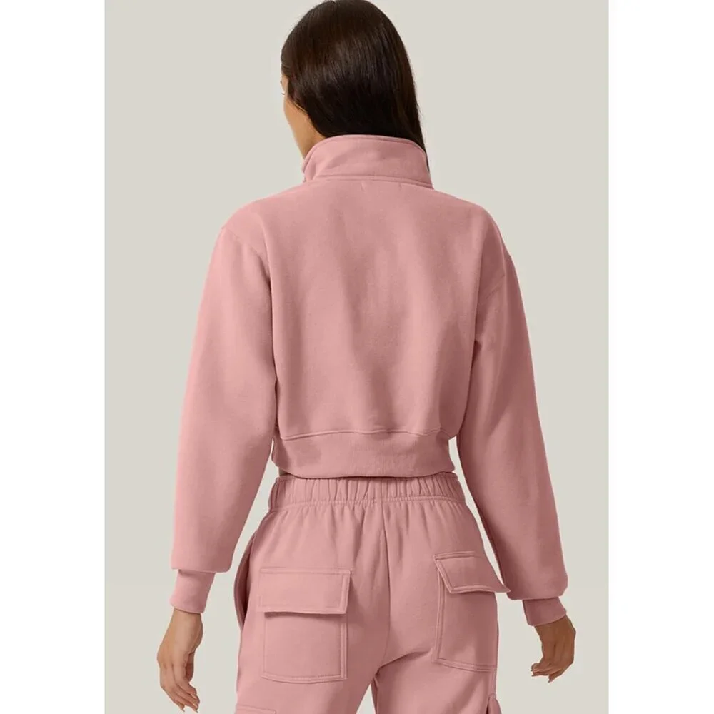 Womens Crop Sweatshirt Half Zip High Neck Long Sleeve Fleece Top